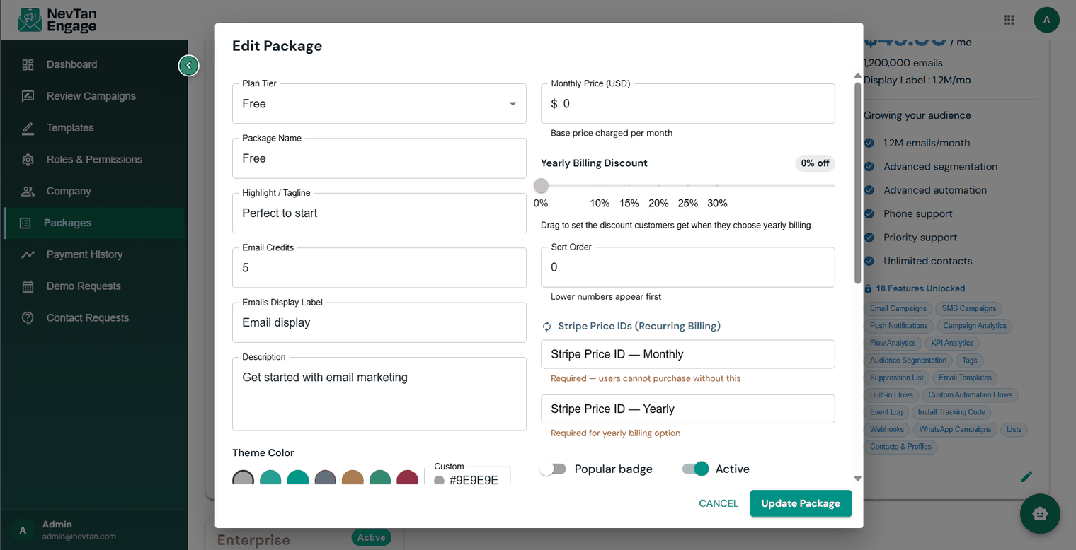 The package definition form