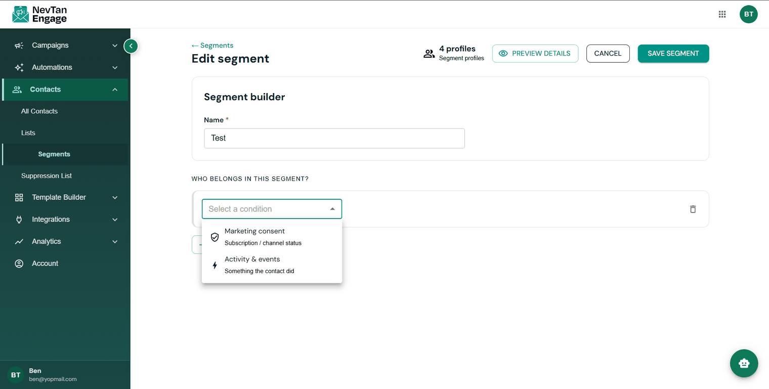 The Select a condition dropdown open, showing both categories