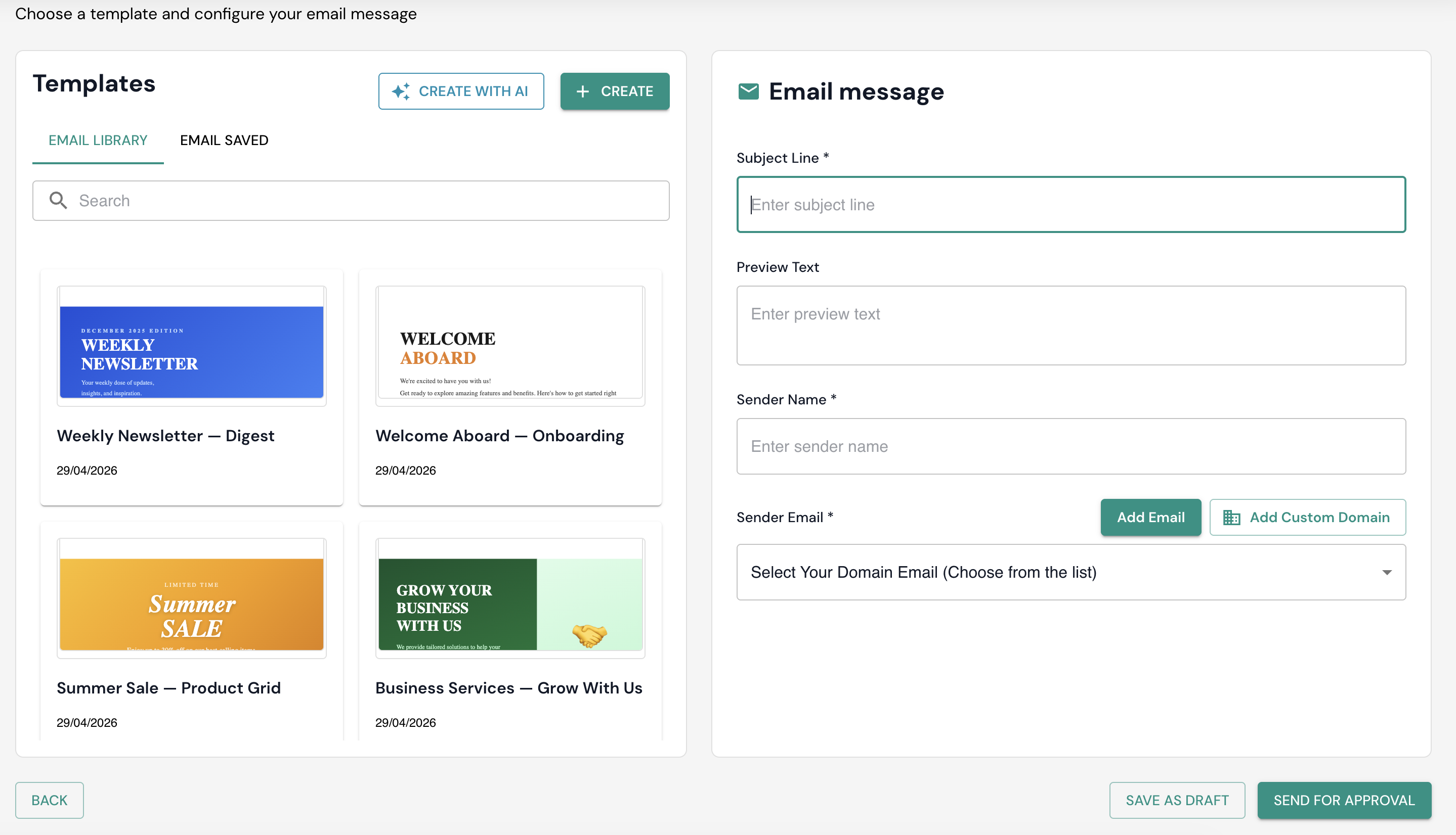 Message screen — Templates panel with Email Library and Email Saved tabs.